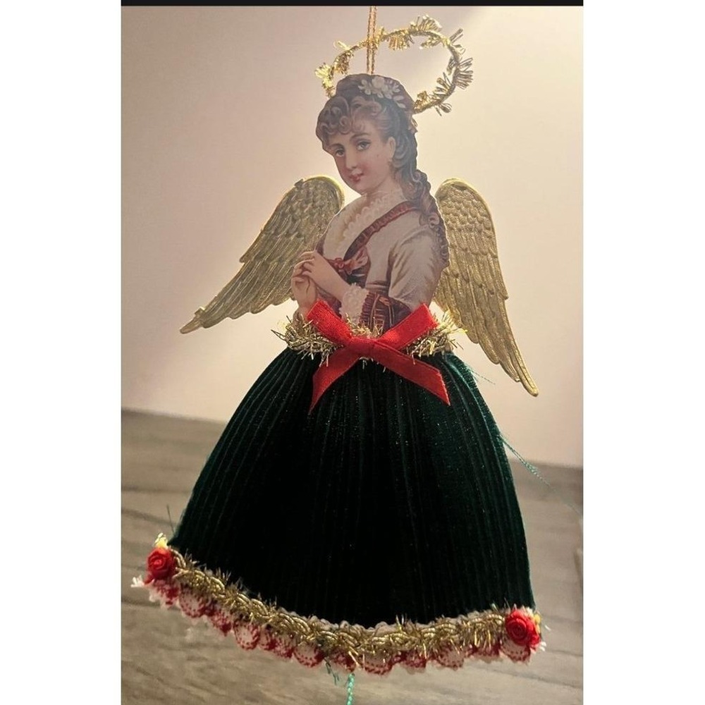 Vintage Victorian Style Angel Christmas Ornament 7.5" Fabric Pleated Skirt Gold